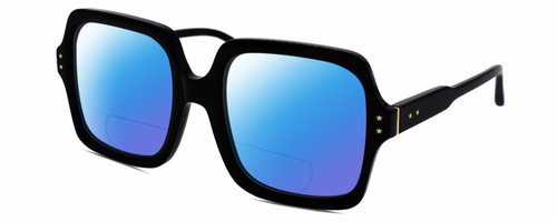 Profile View of Elton John INCOGNITO 1 Designer Polarized Reading Sunglasses with Custom Cut Powered Blue Mirror Lenses in Gloss Black Gold Unisex Square Full Rim Acetate 58 mm