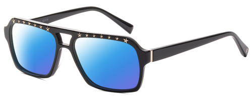 Profile View of Elton John VIP Designer Polarized Sunglasses with Custom Cut Blue Mirror Lenses in Vinyl Black Gold Stars Unisex Square Full Rim Acetate 56 mm
