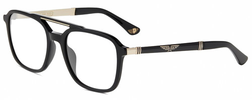 Profile View of Police SPLA53 Designer Reading Eye Glasses in Gloss Black Gold Unisex Panthos Full Rim Acetate 55 mm