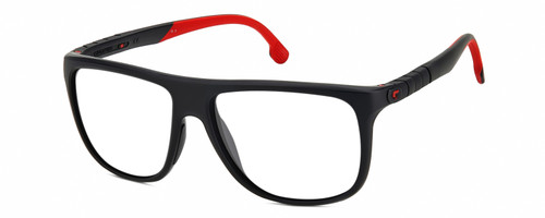 Profile View of Carrera HYPERFIT 17-S-0003 Designer Bi-Focal Prescription Rx Eyeglasses in Matte Black Red Unisex Square Full Rim Acetate 58 mm