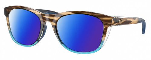 Profile View of Costa Del Mar Aleta Designer Polarized Sunglasses with Custom Cut Blue Mirror Lenses in Wahoo Brown Crystal Blue Ladies Panthos Full Rim Acetate 54 mm