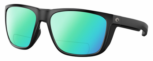 Profile View of Costa Del Mar Ferg Designer Polarized Reading Sunglasses with Custom Cut Powered Green Mirror Lenses in Matte Black Unisex Panthos Full Rim Acetate 59 mm