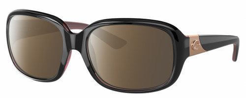 Profile View of Costa Del Mar Gannet Designer Polarized Sunglasses with Custom Cut Amber Brown Lenses in Shiny Black Rose Gold Hibiscus Pink Ladies Square Full Rim Acetate 58 mm