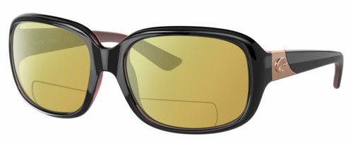 Profile View of Costa Del Mar Gannet Designer Polarized Reading Sunglasses with Custom Cut Powered Sun Flower Yellow Lenses in Shiny Black Rose Gold Hibiscus Pink Ladies Square Full Rim Acetate 58 mm