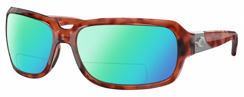 Profile View of Costa Del Mar Isabela Designer Polarized Reading Sunglasses with Custom Cut Powered Green Mirror Lenses in Amber Red Tortoise Havana Crystal Silver Ladies Rectangular Full Rim Acetate 64 mm