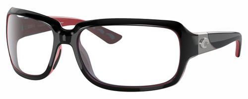 Profile View of Costa Del Mar Isabela Designer Reading Eye Glasses with Custom Cut Powered Lenses in Shiny Black Coral Pink Silver Ladies Rectangular Full Rim Acetate 64 mm