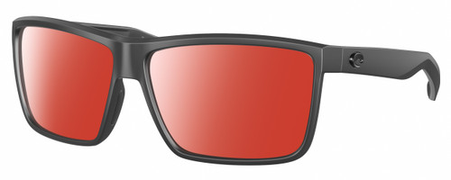 Profile View of Costa Del Mar Rinconcito Designer Polarized Sunglasses with Custom Cut Red Mirror Lenses in Matte Gray Unisex Rectangular Full Rim Acetate 60 mm