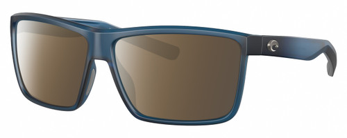 Profile View of Costa Del Mar Rinconcito Designer Polarized Sunglasses with Custom Cut Amber Brown Lenses in Matte Atlantic Blue Unisex Rectangular Full Rim Acetate 60 mm