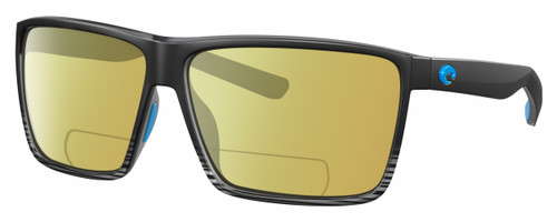 Profile View of Costa Del Mar Rincon Designer Polarized Reading Sunglasses with Custom Cut Powered Sun Flower Yellow Lenses in Matte Black Smoke Gray Crystal Stripes Fade Unisex Square Full Rim Acetate 63 mm