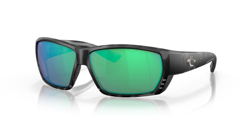 Profile View of Costa Tuna Alley Sunglasses in Gray Tiger Shark/Polarized Green Mirror 580G 62mm