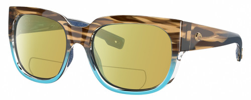 Profile View of Costa Del Mar Waterwoman Designer Polarized Reading Sunglasses with Custom Cut Powered Sun Flower Yellow Lenses in Shiny Wahoo Brown Beige Stripes Blue Crystal Ladies Cat Eye Full Rim Acetate 55 mm