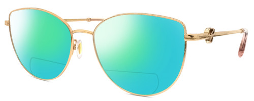 Profile View of Chopard VCHF51S-08FC Designer Polarized Reading Sunglasses with Custom Cut Powered Green Mirror Lenses in Shiny 23KT Gold Plated/Pink Crystal/Gemstone Accent Ladies Cat Eye Full Rim Metal 54 mm