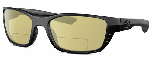 Profile View of Costa Del Mar Whitetip Designer Polarized Reading Sunglasses with Custom Cut Powered Sun Flower Yellow Lenses in Matte Black Unisex Rectangular Full Rim Acetate 58 mm