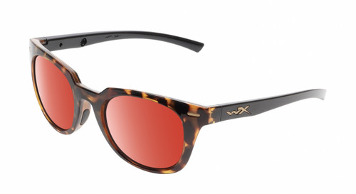 Profile View of Wiley-X Ultra Captivate Designer Polarized Sunglasses with Custom Cut Red Mirror Lenses in Gloss Amber Brown Tortoise Havana Black Gold Ladies Panthos Full Rim Acetate 51 mm