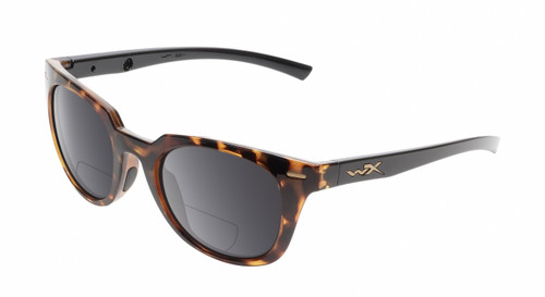 Profile View of Wiley-X Ultra Captivate Designer Polarized Reading Sunglasses with Custom Cut Powered Smoke Grey Lenses in Gloss Amber Brown Tortoise Havana Black Gold Ladies Panthos Full Rim Acetate 51 mm