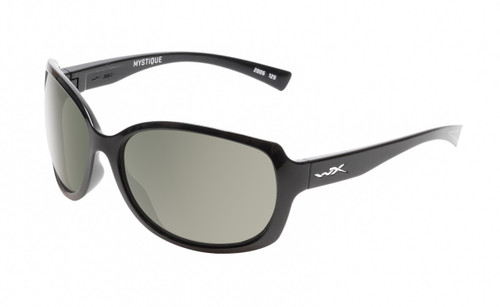Profile View of Wiley-X Mystique Women Oval Designer Sunglasses Black Silver/Polarized Grey 64mm
