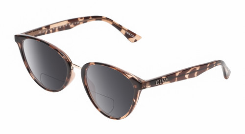 Profile View of QUAY Australia Rumours Designer Polarized Reading Sunglasses with Custom Cut Powered Smoke Grey Lenses in Amber Brown Crystal Tortoise Havana Gold Ladies Cat Eye Full Rim Acetate 57 mm