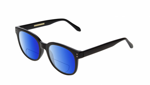 Profile View of BCBG BAR104BL Designer Polarized Reading Sunglasses with Custom Cut Powered Blue Mirror Lenses in Gloss Black Silver Unisex Panthos Full Rim Acetate 52 mm