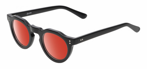 Profile View of Reptile Malayemys Designer Polarized Sunglasses with Custom Cut Red Mirror Lenses in Gloss Black Ladies Panthos Full Rim Acetate 44 mm