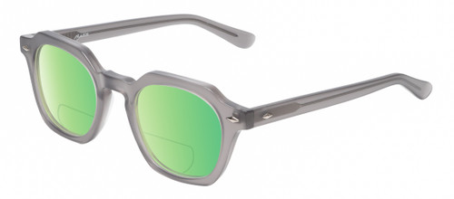 Profile View of Reptile Liaochelys Designer Polarized Reading Sunglasses with Custom Cut Powered Green Mirror Lenses in Smoke Grey Crystal Silver Unisex Panthos Full Rim Acetate 48 mm