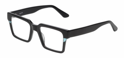 Profile View of Reptile Leatherback Designer Reading Eye Glasses with Custom Cut Powered Lenses in Gloss Black Crystal Blue Unisex Rectangular Full Rim Acetate 52 mm
