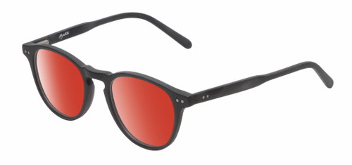 Profile View of Reptile Mata Designer Polarized Sunglasses with Custom Cut Red Mirror Lenses in Matte Black Unisex Panthos Full Rim Acetate 47 mm