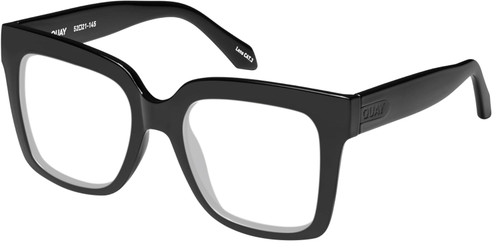 Profile View of QUAY Australia Icy Designer Reading Eye Glasses with Custom Cut Powered Lenses in Gloss Black Ladies Square Full Rim Acetate 52 mm