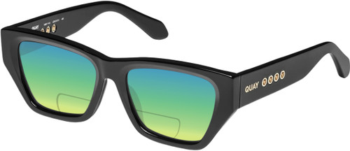Profile View of QUAY Australia No Apologies Designer Polarized Reading Sunglasses with Custom Cut Powered Green Mirror Lenses in Gloss Black Unisex Square Full Rim Acetate 55 mm