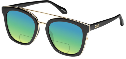 Profile View of QUAY Australia Sweet Dreams Designer Polarized Reading Sunglasses with Custom Cut Powered Green Mirror Lenses in Gloss Black Unisex Panthos Full Rim Acetate 54 mm