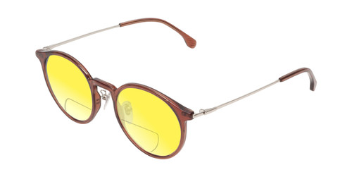 Profile View of Lozza SL4207M Designer Polarized Reading Sunglasses with Custom Cut Powered Sun Flower Yellow Lenses in Crystal Brown Unisex Round Full Rim Acetate 50 mm