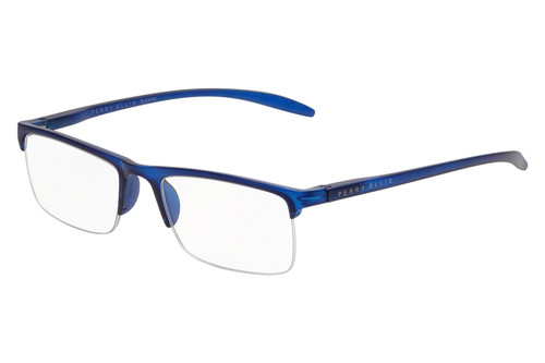 Profile View of Perry Ellis PEBX58 Unisex Rectangular Semi-Rimless Designer Reading Glasses in Gloss Navy Blue Marble 50mm