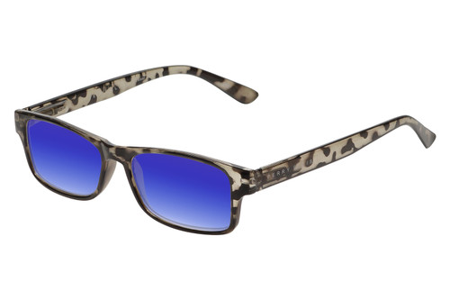 Profile View of Perry Ellis PEBX59 Designer Polarized Sunglasses with Custom Cut Blue Mirror Lenses in Gloss Grey Tortoise Havana Marble Unisex Rectangular Full Rim Acetate 50 mm