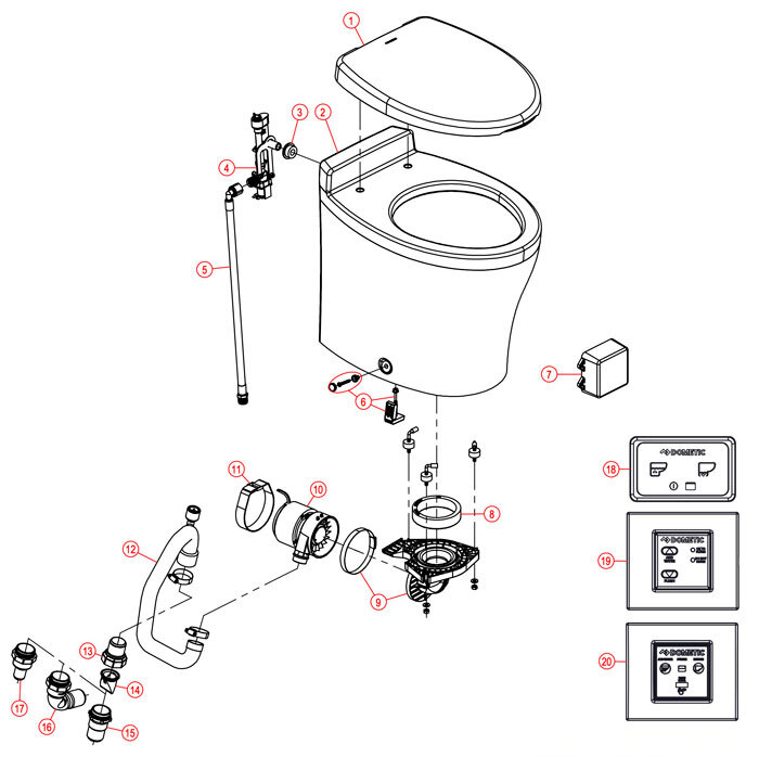 Dometic/Sealand Masterflush 8540 Moderno toilet parts diagram