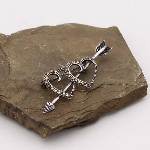 Silver Hearts and Arrow Brooch