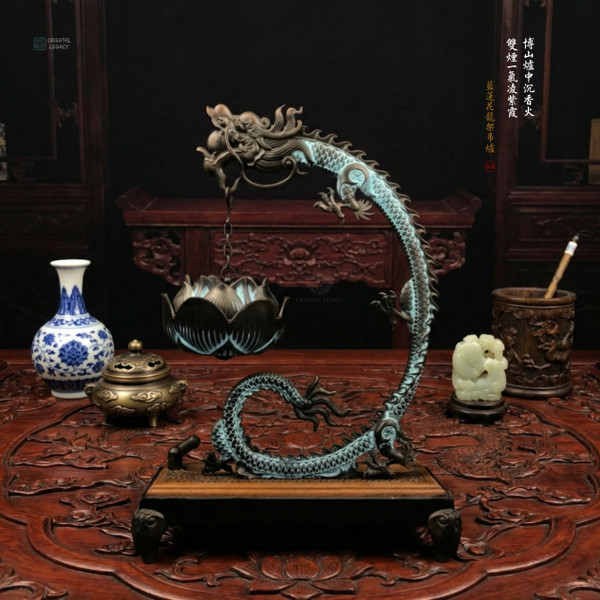 Azure Lotus Dragon Censer: Thermal Patina Bronze - Structural Density
