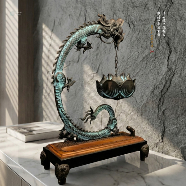Azure Lotus Dragon Censer: Thermal Patina Bronze - Structural Density