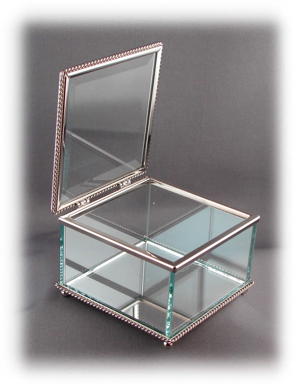 Glass Jewelry Box, Engravable Glass, w/Non-Tarnishing Silver Trim,  3-1/4" Square x 2-1/4" Tall, w/Hinged Glass Top