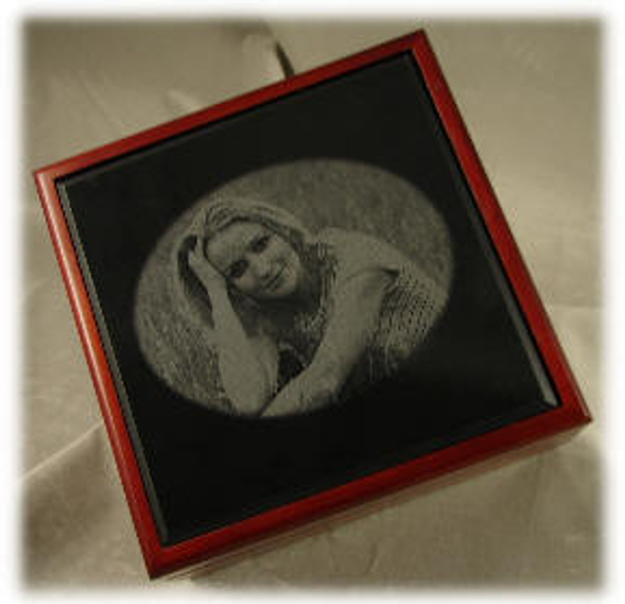 M-AB-6x6x3/8EP, Absolute Black Marble, Engraved and Mounted in a Wood Urn as Illustration