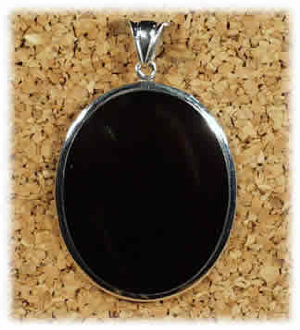 304BO: Black Onyx Large Oval Pendant Mounted in Sterling Sliver, Engravable Area, 1-5/16 inch x 1-5/8 inch.