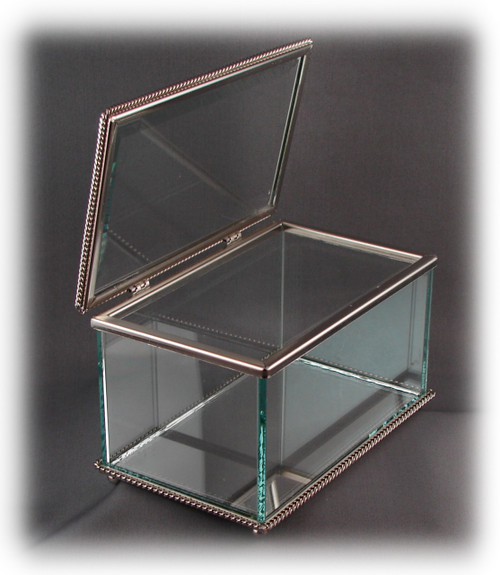 Glass Jewelry Box, Engravable Glass, w/Non-Tarnishing Silver Trim, 8" x 3-3/4" x 3" Tall, w/Hinged Glass Top