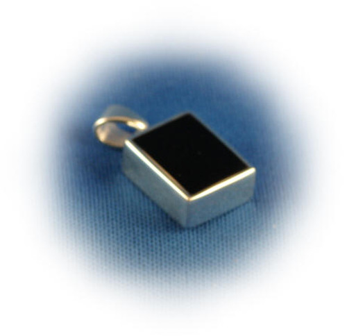 823BO: Rectangle Black Onyx Pendant Mounted in Sterling Silver, Engravable area 7/16 inch x 5/8 inch.