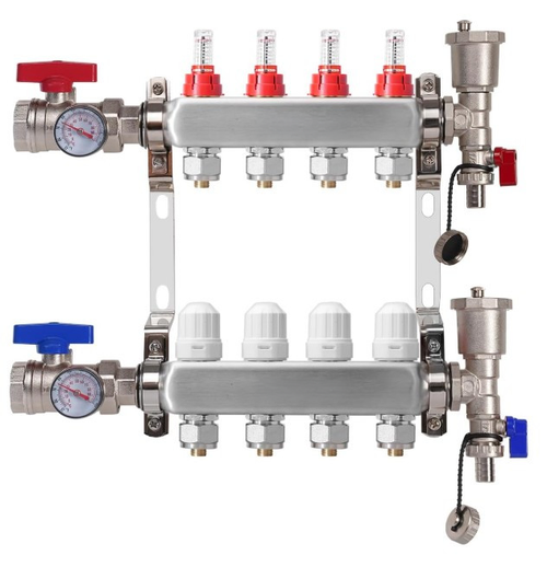4-Loop stainless steel radiant heat manifold with integrated flow meters, balancing valves, air vents, and 1/2" PEX adapters for hydronic floor heating systems.