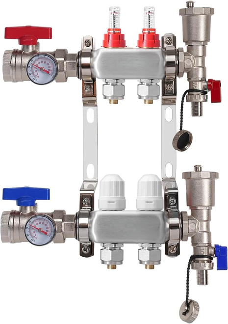2-Loop stainless steel radiant heat manifold with integrated flow meters, balancing valves, air vents, and 1/2" PEX adapters for hydronic floor heating systems.