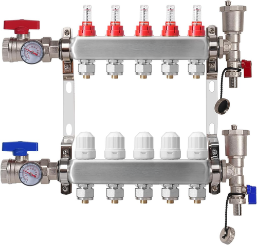 5-Loop stainless steel radiant heat manifold with integrated flow meters, balancing valves, air vents, and 1/2" PEX adapters for hydronic floor heating systems.