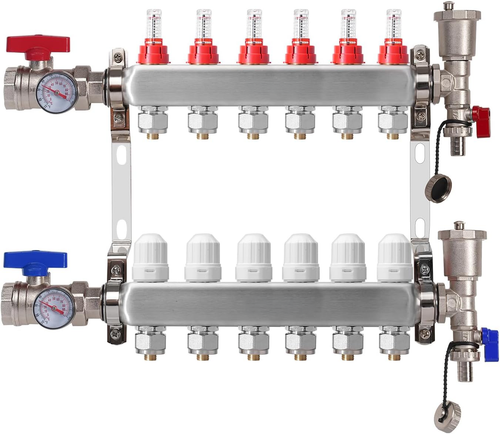6-Loop stainless steel radiant heat manifold with integrated flow meters, balancing valves, air vents, and 1/2" PEX adapters for hydronic floor heating systems.