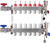 6-Loop stainless steel radiant heat manifold with integrated flow meters, balancing valves, air vents, and 1/2" PEX adapters for hydronic floor heating systems.