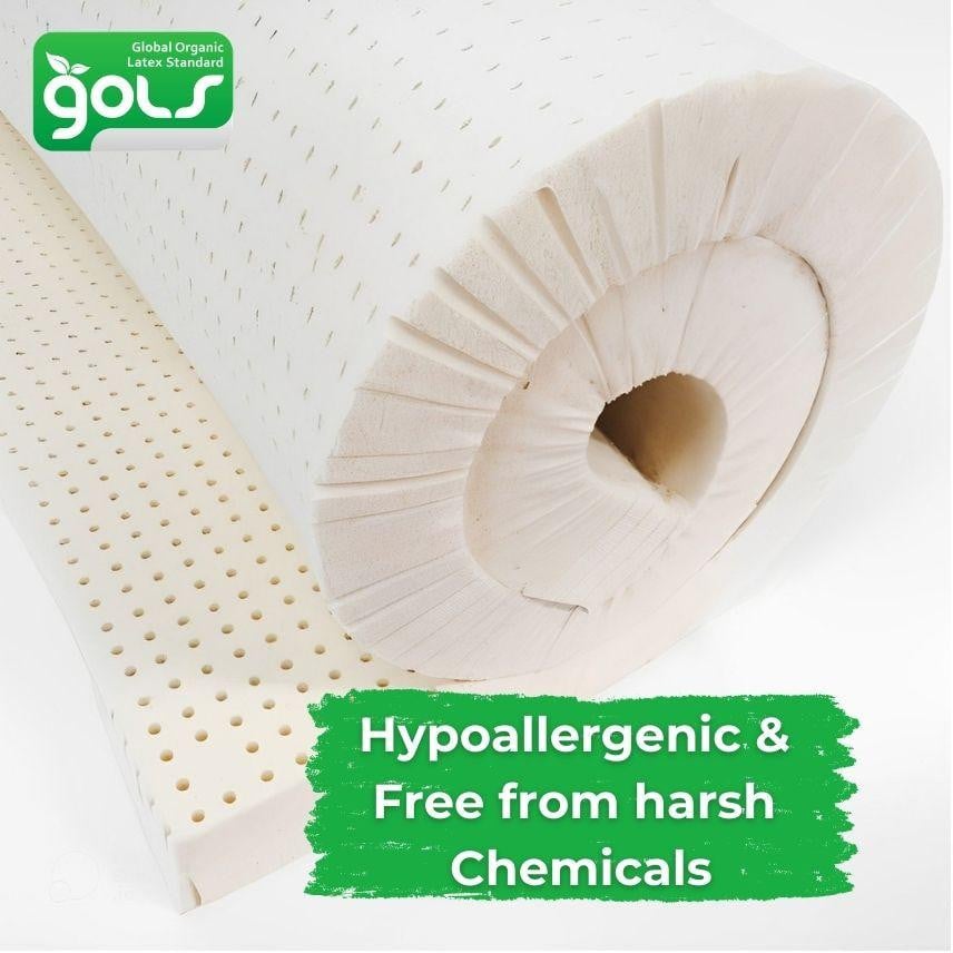 Latex Mattress Topper, white hypoallergenic latex topper with perforations for breathability, highlighting its chemical-free and hypoallergenic properties.