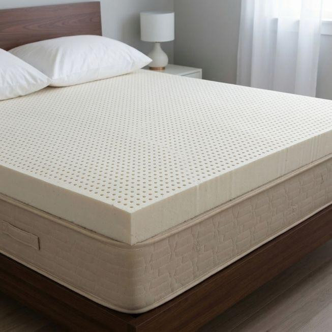 Latex Mattress Topper, on a neatly made bed with white sheets and pillows in a modern bedroom setting.