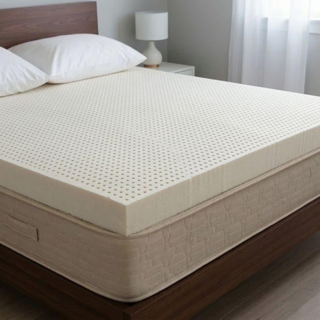 Latex Mattress Topper, on a neatly made bed with white sheets and pillows in a modern bedroom setting.