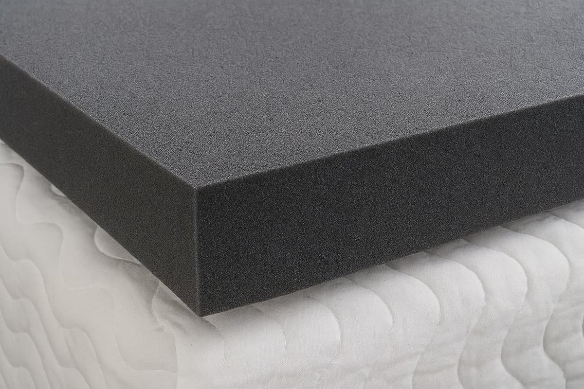 Memory Foam Mattress Topper, close-up of black foam topper placed on a white quilted mattress surface.